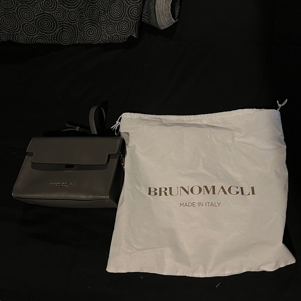 BRUNO MAGLI Charcoal Leather Flap Leather Crossbody Bag Made in Italy